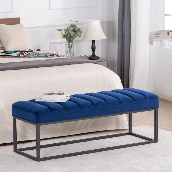 Harper & Bright Designs Navy Blue 53.54 in. Velvet Upholstered Bedroom Bench, Entryway Bench with Metal Base