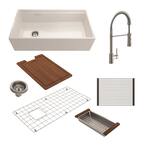 Contempo Step-Rim White Fireclay 36 in. Single Bowl Farmhouse Apron Front Workstation Kitchen Sink with Faucet