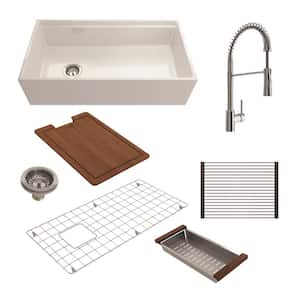 Contempo Step-Rim White Fireclay 36 in. Single Bowl Farmhouse Apron Front Workstation Kitchen Sink with Faucet
