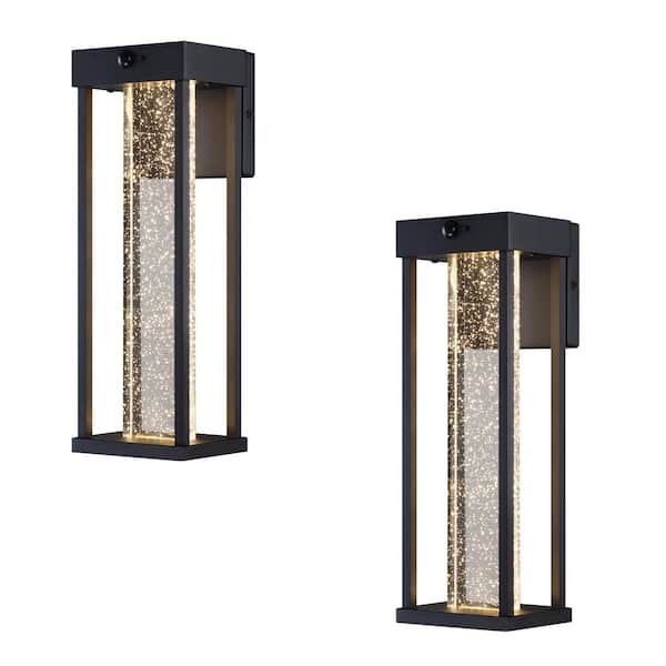15 in. Black Motion Sensing Dusk to Dawn Outdoor Porch Hardwired LED Crystal Wall Lantern Sconce Lights(2-Pack)