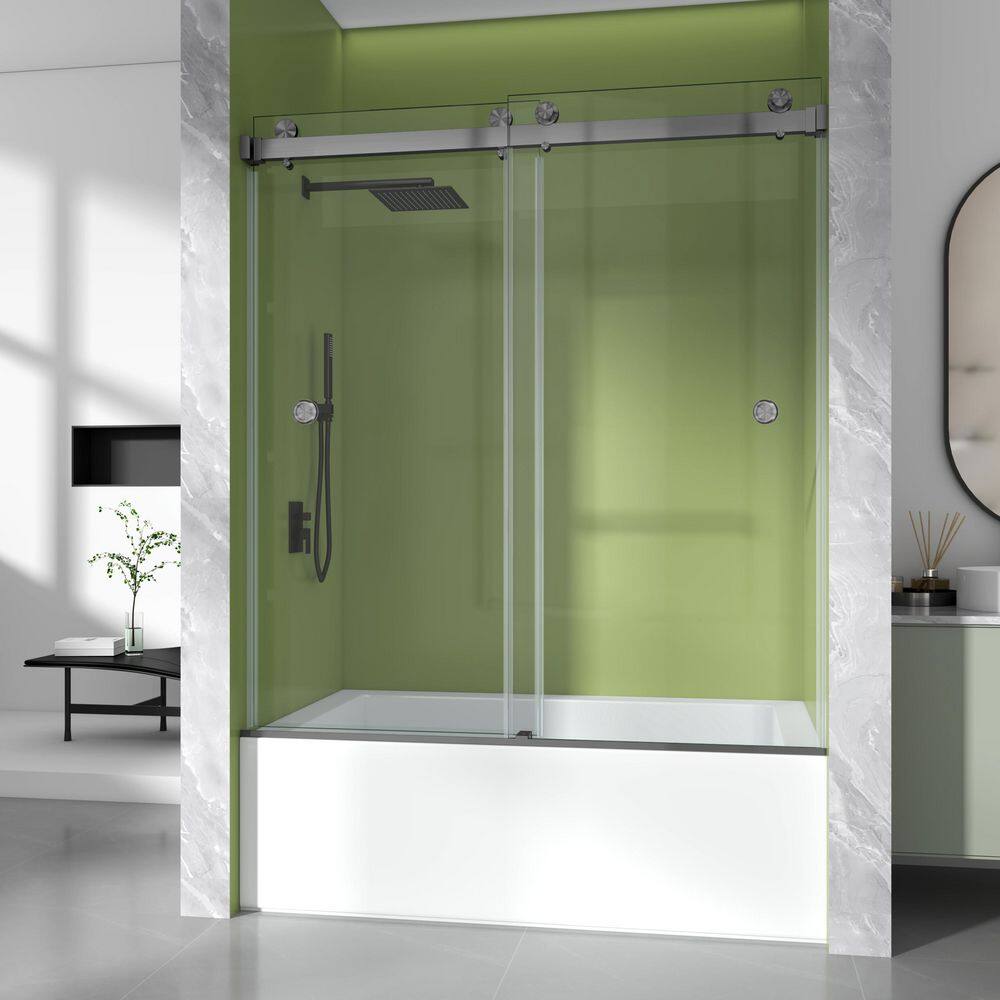 56-61 in. W x 60 in. H Double Sliding Frameless Tub Door in Gungray, 3/8 in. Clear SGCC Tempered Glass, 2-Finger Pulls price history on PriceWatchPro