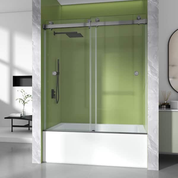 56-61 in. W x 66 in. H Double Sliding Frameless Tub Door in Gungray, 3/8 in. Clear SGCC Tempered Glass, 2-Finger Pulls