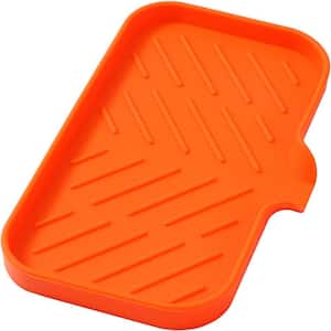 9.6 in. Silicone Bathroom Soap Dishes with Drain and Kitchen Sink Organizer Sponge Holder, Dish Soap Tray in Orange