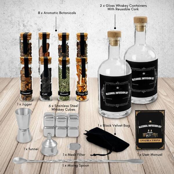 Whiskey Infusion Kit DIY Cocktail Set with 8 Botanicals, 2 Glass