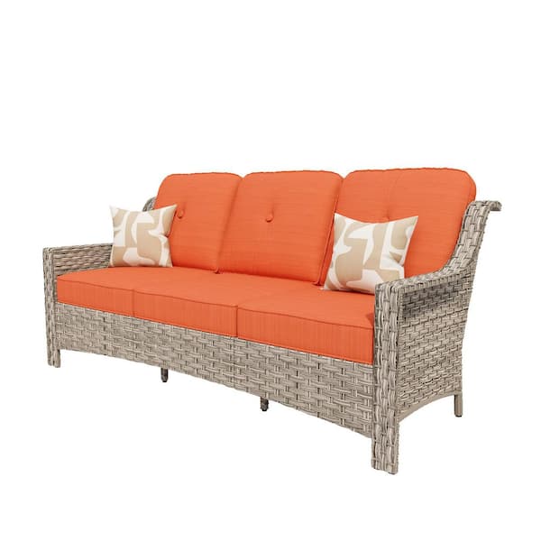 Vitalis Wicker Outdoor Couch Patio Sofa with Orange Red Cushions
