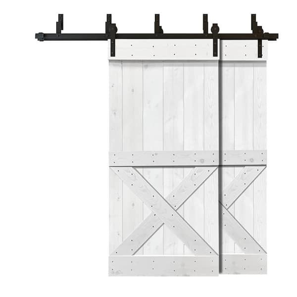 CALHOME 84 in. x 84 in. Mini X Bar Bypass White Stained Stained Solid Wood Interior Double Sliding Barn Door with Hardware Kit