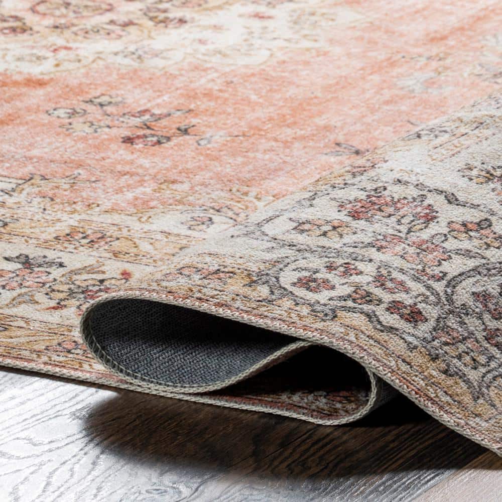 Peach and Cream 8' x 10' Vintage Floral Washable Rug