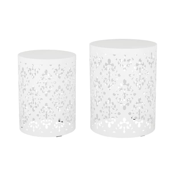 Sudzendf 2 Pieces White Metal Outdoor Coffee Table, Weather Resistant Side Table End Table for Patio, Balcony, Garden, Bedside