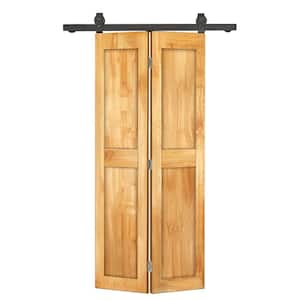 20 in. W. x 80 in. 2-Panel Shaker Hollow Core Weather Oak Pine Wood Bi-fold Door with Sliding Barn Door Hardware Kit