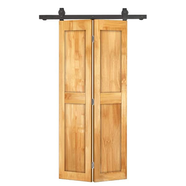 CALHOME 26 in. x 84 in. 2-Panel Shaker Hollow Core Weather Oak Pine Wood Bi-Fold Door with Sliding Barn Door Hardware Kit