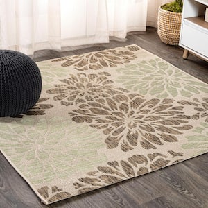 Zinnia Sage/Brown 5 ft. Modern Floral Textured Weave Indoor/Outdoor Square Area Rug