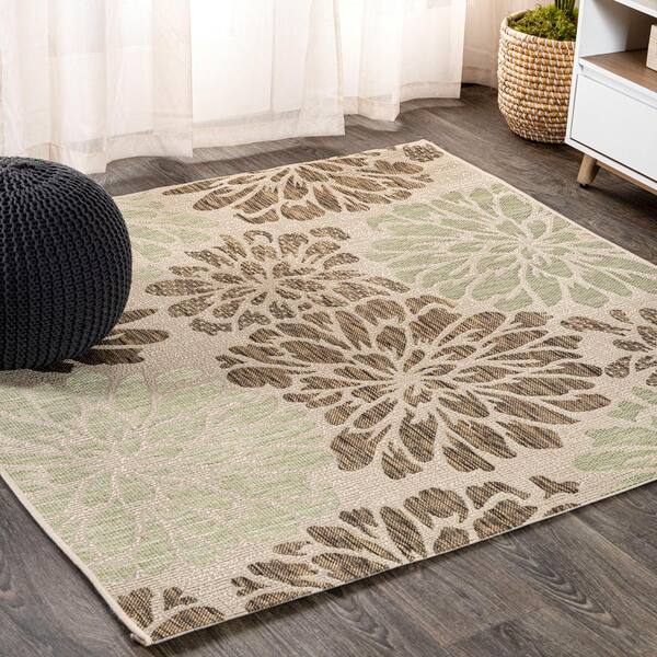 JONATHAN Y Zinnia Sage/Brown 5 ft. Modern Floral Textured Weave Indoor/Outdoor Square Area Rug
