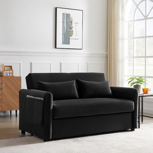 60 in. Black Velvet Twin Size 2-Seat Sofa Bed with Adjustable Backrest