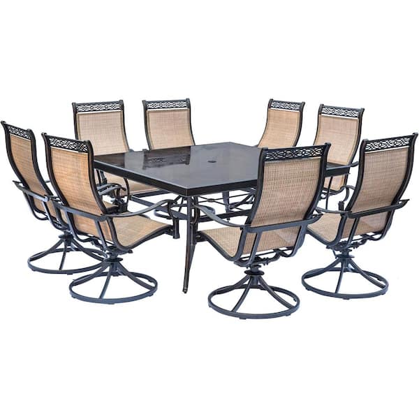 Hanover Monaco 9-Piece Aluminum Outdoor Dining Set with Square Glass-Top Table and Contoured Sling Swivel Chairs