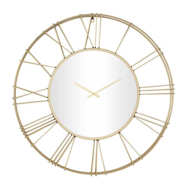 Litton Lane 30 in. x 30 in. Gold Metal Open Frame Wall Clock with Center Mirror