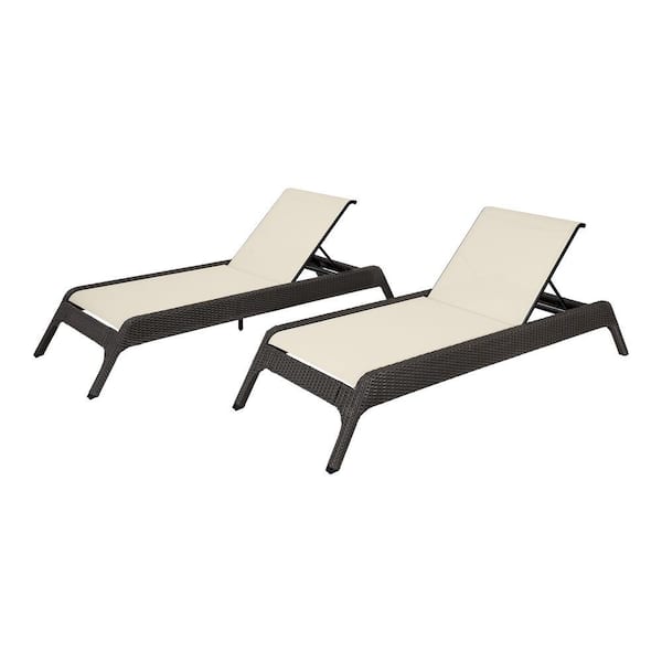 Hampton Bay Brown Wicker Outdoor Patio Chaise Lounge with Almond Sling Fabric (2-Pack)