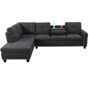 104 in. Round Arm 2-Piece Linen L-Shaped Sectional Sofa in Black Gray
