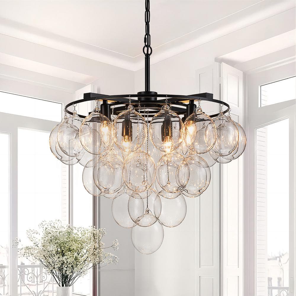 8-Lights Matte Black Clear Glass Accents Tiered Modern/Contemporary Chandel