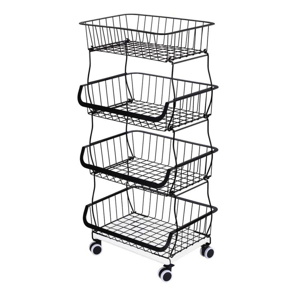 Tatahance 4 Tier Stackable Metal Wire Storage Cart in Black with Fixed Baskets W140159245Z