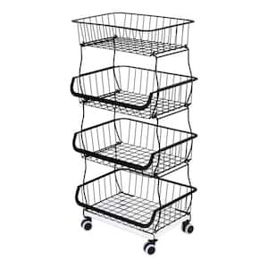 4 Tier Stackable Metal Wire Storage Cart in Black with Fixed Baskets