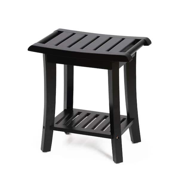 Black Bamboo 17 in. Tall Makeup Vanity Stool with Storage Shelf Water Resistant Spa Bath Chair Indoor Outdoor Organizer