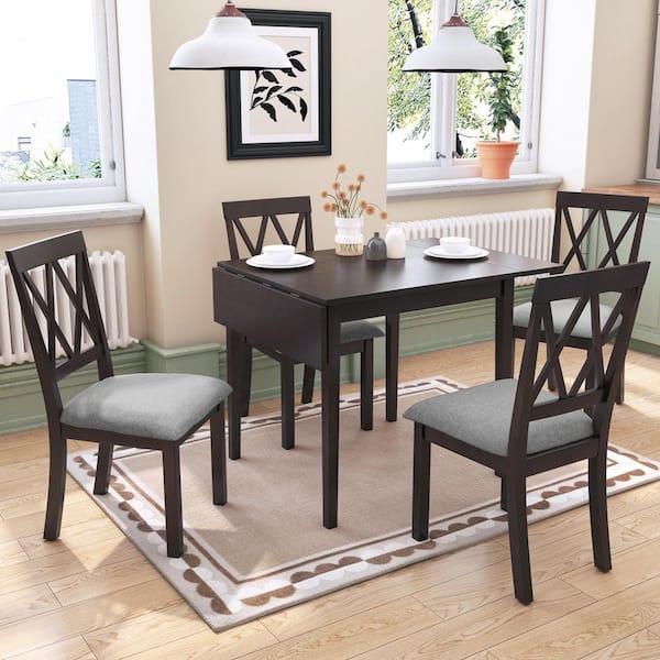 5-Piece Rectangular Extendable Espresso Wood Top Dining Table Set Seats 4 with Drop Leaf Table and 4 Upholstered Chairs