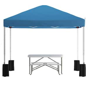 10 ft. x 10 ft. Blue Pop Up Canopy - Wheeled Case - Folding Table with Benches Set