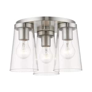 Cityview 11 in. 3-Light Brushed Nickel Large Flush-Mount with Clear Glass Shades