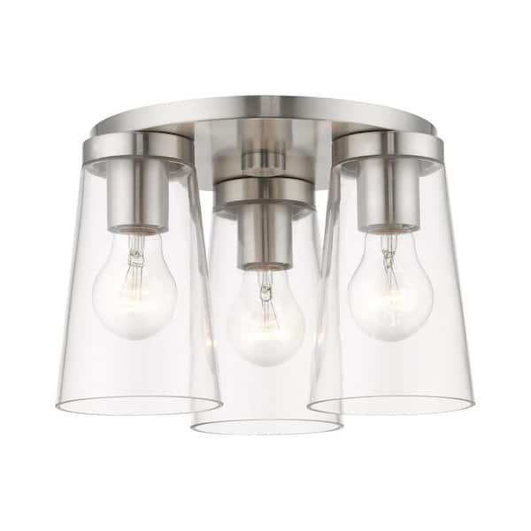 Livex Lighting Cityview 11 in. 3-Light Brushed Nickel Large Flush-Mount with Clear Glass Shades