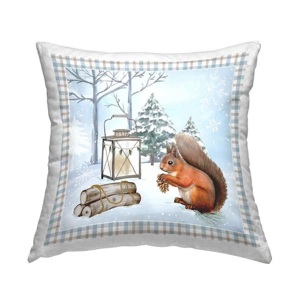Woodland Squirrel Winter Snowflakes Blue Plaid Polyester 18in. X 18in. Throw Pillow