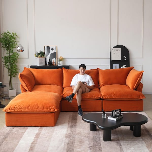 J&E Home 122.82 in Wide Flared Arm Linen Down-Filled Modular Free Combination Deep Seat Straight Sofa in. Orange