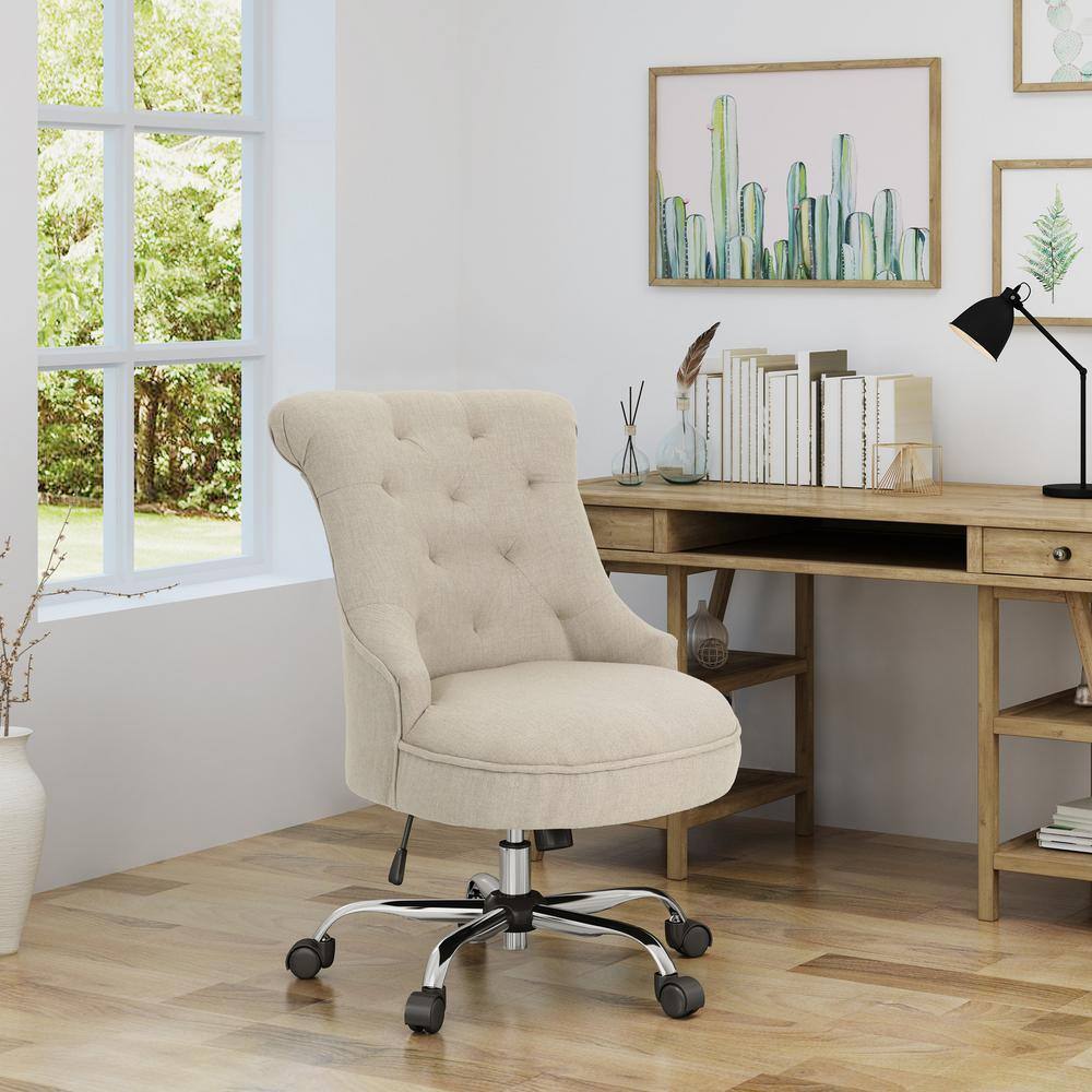 Light Brown Tufted Fabric Swivel Desk Chair with Chrome Base