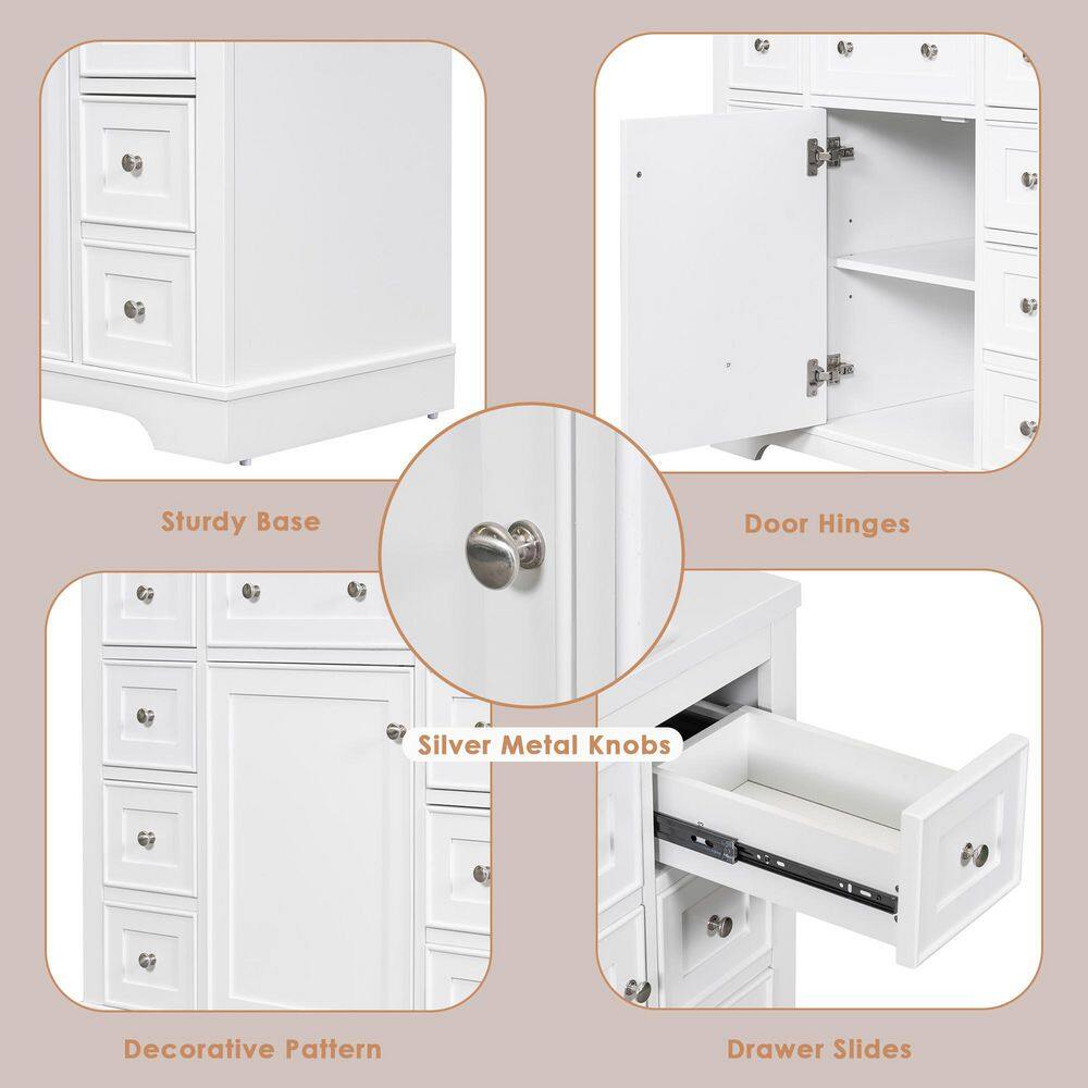 White Solid Wood and MDF Freestanding Bathroom Vanity Base with 6 Drawers
