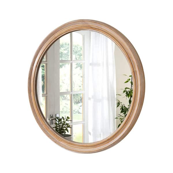 27.56 in W x 27.56 in. H Round Wood Framed Wall Mirror for Bathroom Vanity, Natural Decorative Mirror for Home, Office