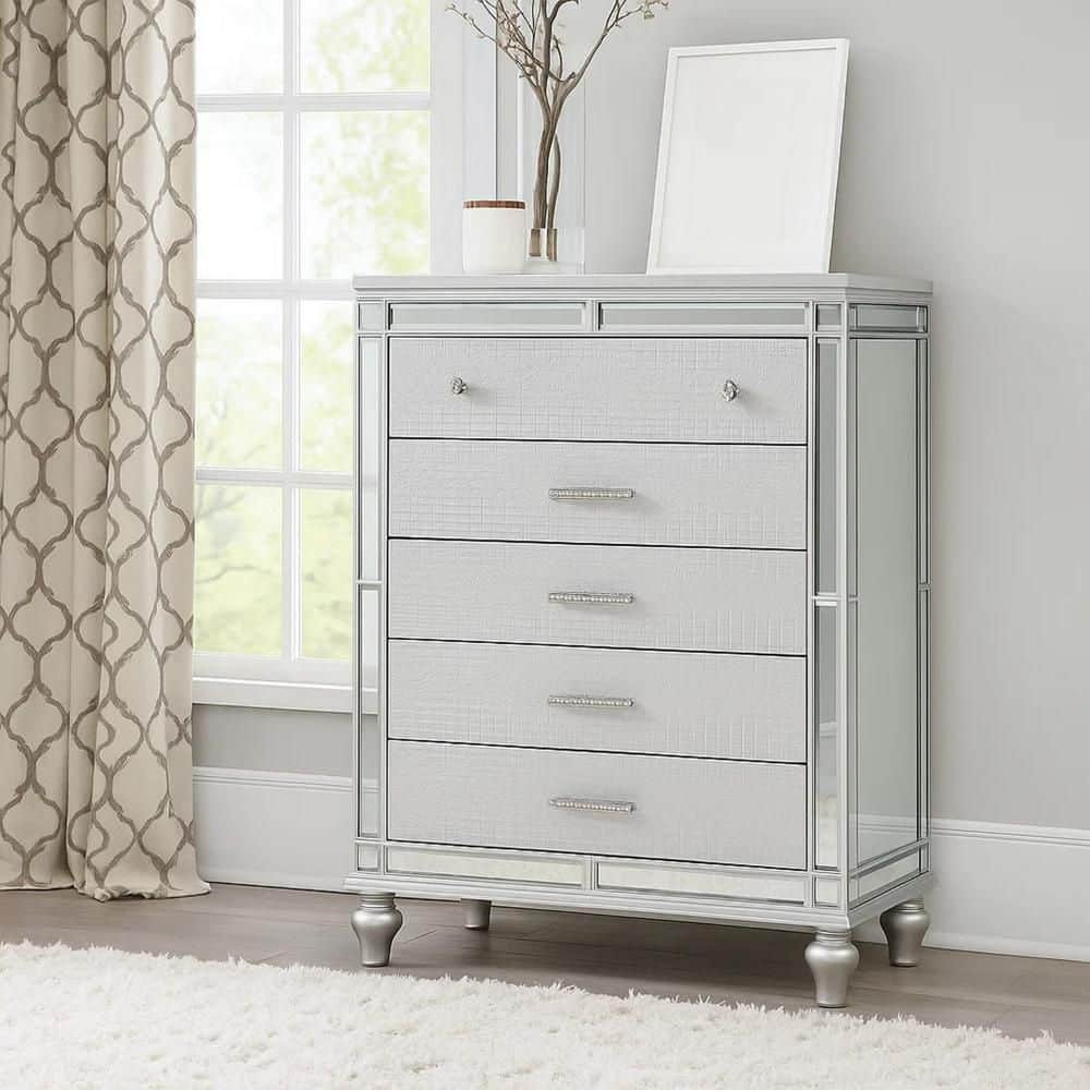 Benjara Bailey Silver and Chrome 5-Drawer 17 in. Wide Chest of