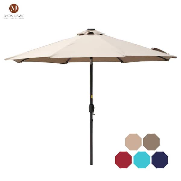 Mondawe 9 ft. Aluminum Market Patio Umbrella LED Solar Outdoor Umbrella in Beige with Tilt and Crank