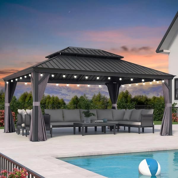 PURPLE LEAF 13 ft. x 17 ft. Gray Patio Outdoor Gazebo for Backyard Hardtop Aluminum Frame with Hooks, Netting, Curtain 24-Lights