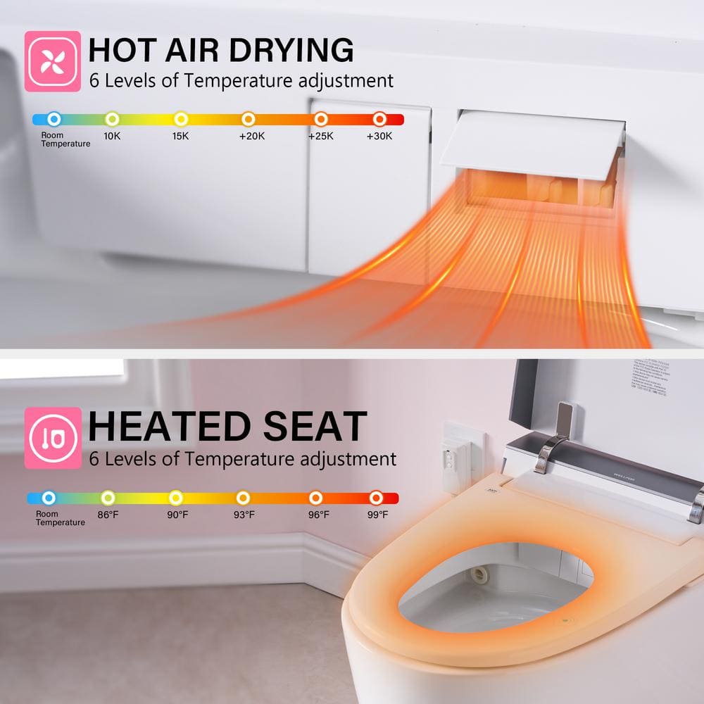 White Ceramic Elongated Smart Toilet with Heated Seat and Dryer