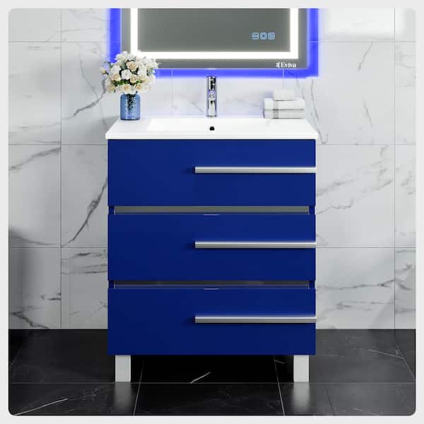 Eviva Deluxe 32 in. W x 18 in. D x 34 in. H Single Freestanding Bath Vanity in Blue with White Porcelain Integrated Sink Top