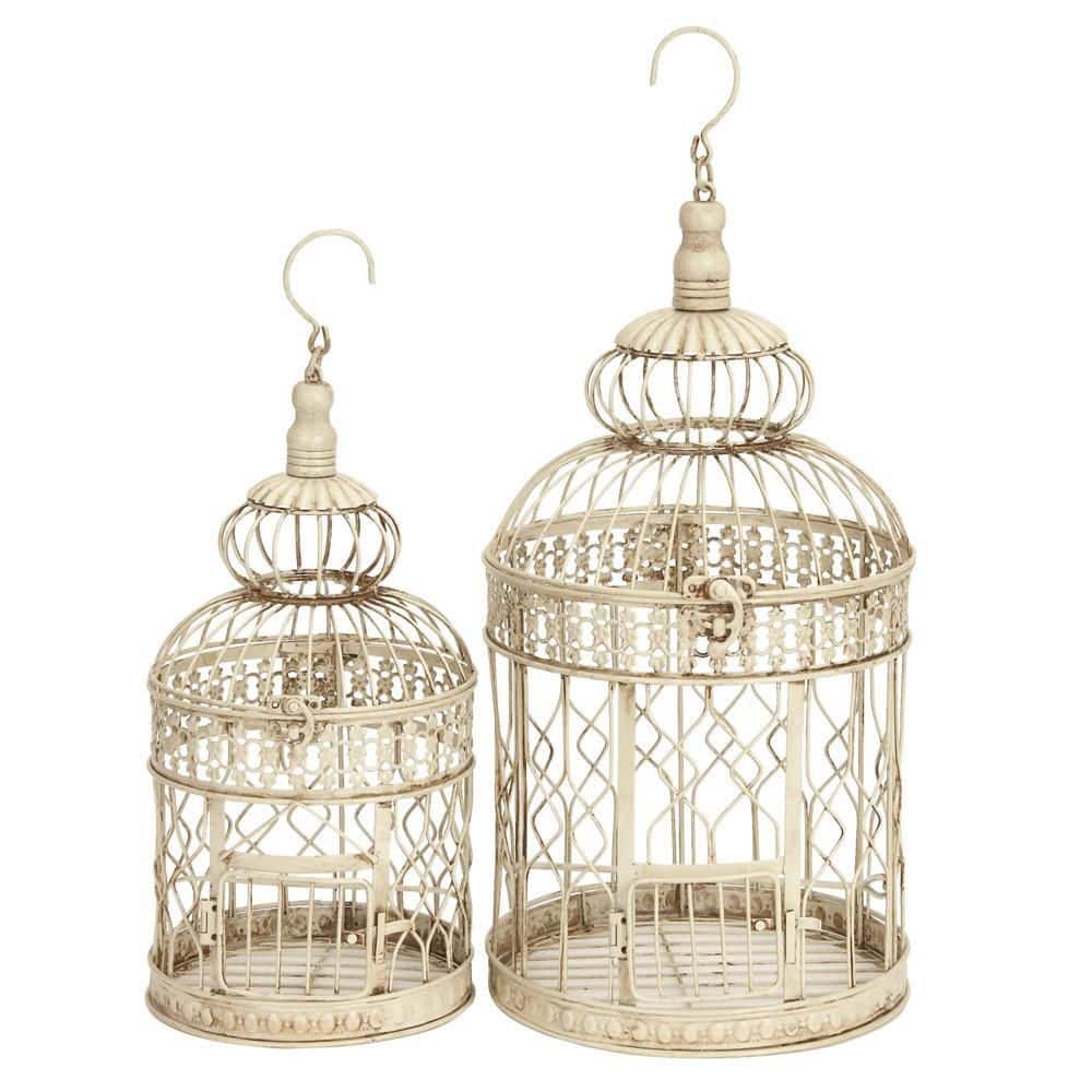 Cream Distressed Metal Vintage Birdcage Set with Latch and Hook