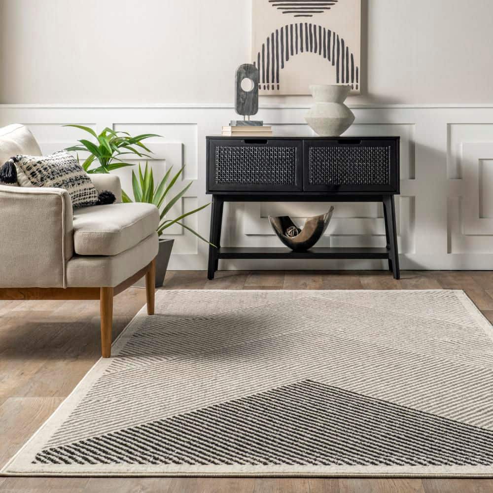 Gray and Black Striped Synthetic Rectangular Area Rug