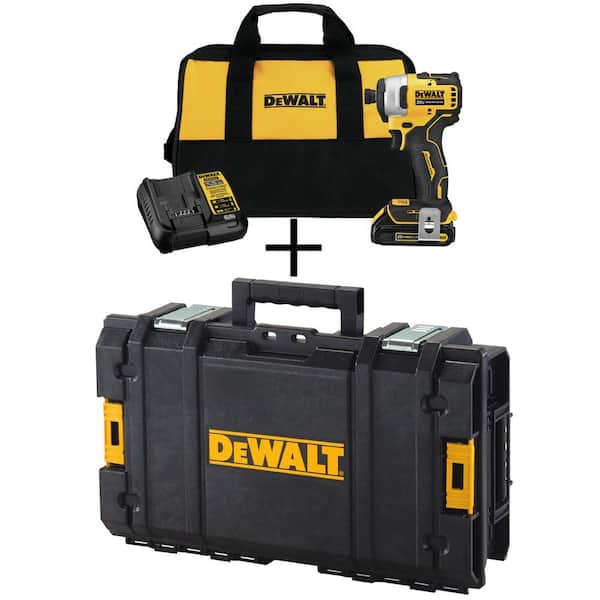 DEWALT ATOMIC 20V MAX Cordless Brushless Compact 1/4 in. Impact Driver with 20V 1.3Ah Battery, Charger and TOUGHSYSTEM Tool Box
