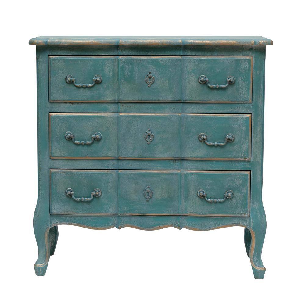 Wood Cabinet with 3 Drawers  Distressed Blue