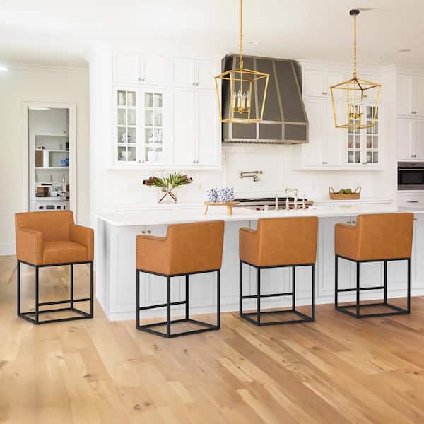 LUE BONA Hampton 26 in. Whiskey Brown Modern Faux Leather Bar Stool Square Metal Frame Counter Height Bar Stool (Set of 4)