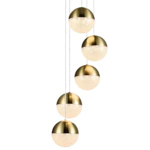 Ravello 10.25 in. 5-Light ETL Certified Integrated LED Chandelier Height Adjustable Pendant with Globe Shades, Brass