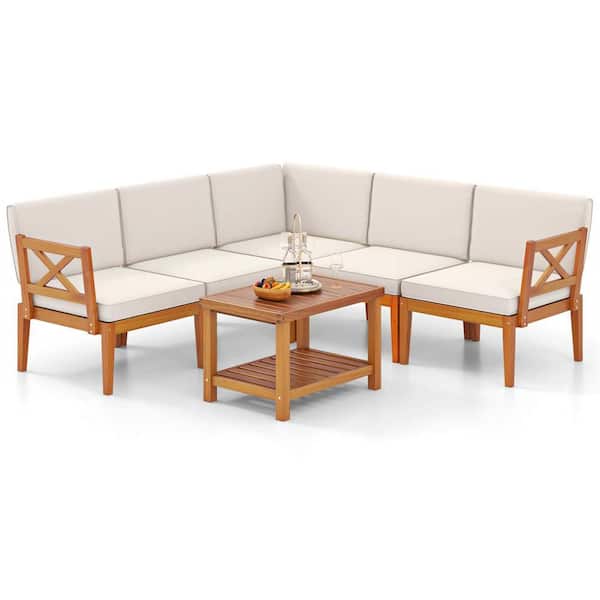 6-Piece Acacia Wood Patio Conversation Set with 2-Tier Coffee Table and White Cushions