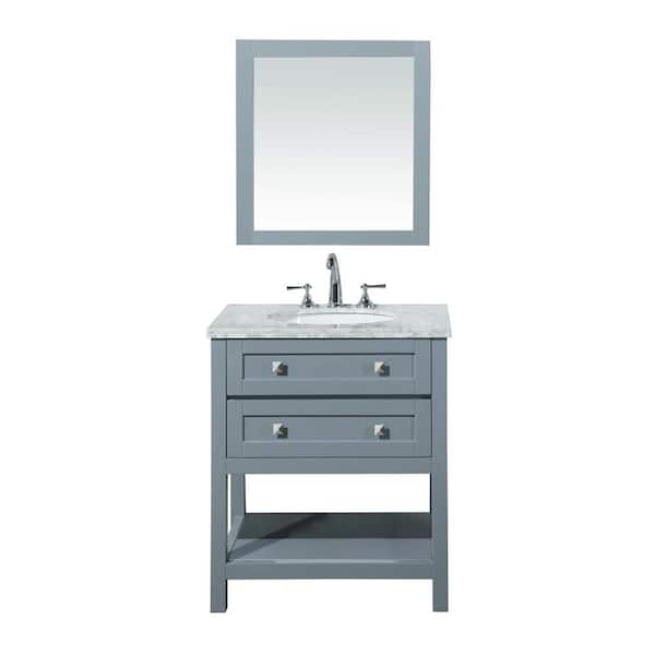 stufurhome Marla 30 in. W x 22 in. D Vanity in Grey with Marble Vanity Top in Carrara White with White Basin and Mirror