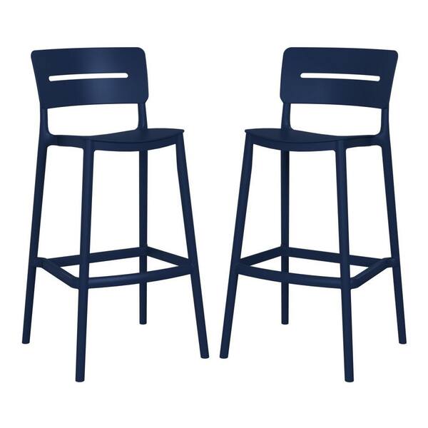 Frond&Form Modern Outdoor Patio Poly Plastic Stackable 29.5" Bar Stool (Set of 2), Navy Blue