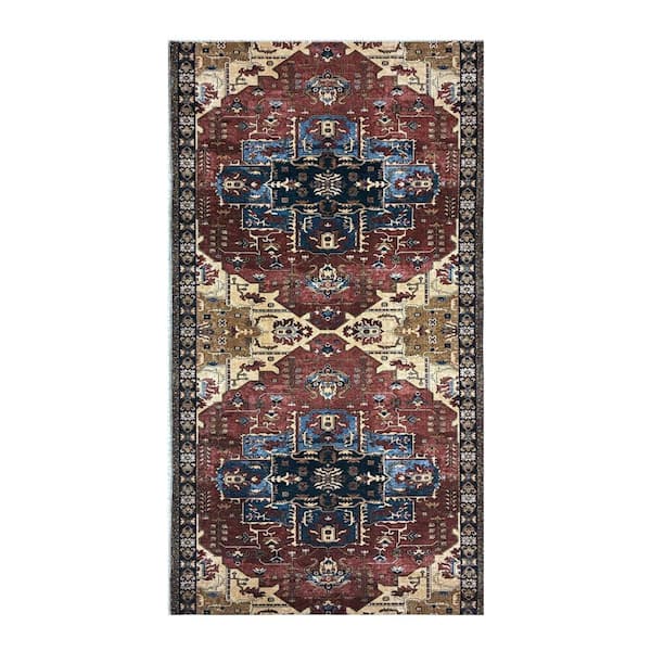 Runner Rug 2 ft. 2 in. x 10 ft. Burgundy Medallion Design Low-Pile Non-Slip Hallway Kitchen Runner Rug