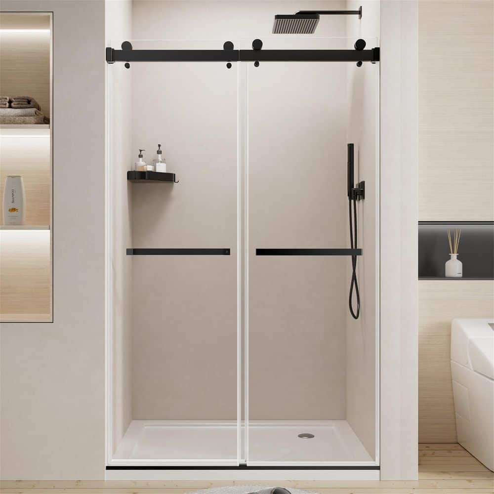 44-48 in. W x 76 in. H Frameless Double Sliding Tub Door in Matte Black,Tempered Glass With Explosion-proof Film price history on PriceWatchPro